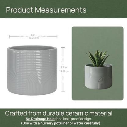 6 Inch Ceramic Plant Pot – Indoor & Outdoor Flower Planter for Succulents, Herbs & Small Plants – Thick-Walled Modern Design – Stone Gray