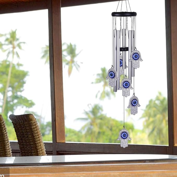 Blue Evil Eye Hand of Fatima Wind Chimes Outdoor Decoration, Hamsa Hand Windcatcher, Evil Eye Wind Bells, Fatima's Holy Hand Blue Evil Eye Amulet Wind Chimes for Home,Gift for Mom,Balcony,Patio,Garden