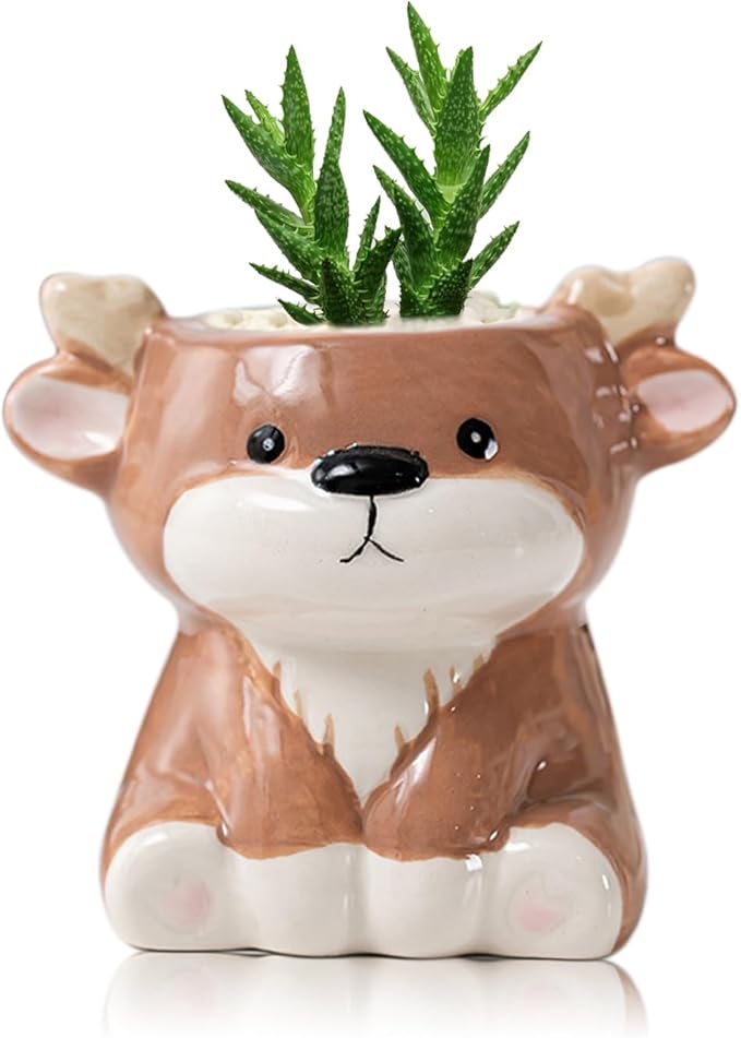 DIYOMR Cute Animals Planter, Mini Ceramic Cartoon Animal Shaped Succulent Flower Pot Indoor Air Plants Holder, Smooth Shiny Decorative Flower Cactus Planter - Plants Not Included (Deer)