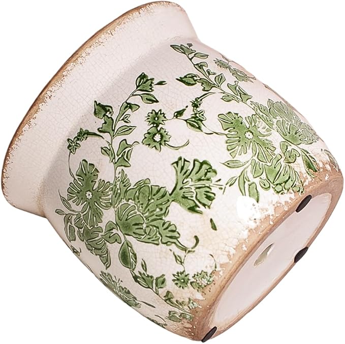 Vintage Farmhouse Ceramic Planter & Kitchen Utensil Holder - 6.21 Inch Tuscan Rustic Plant Pot with Drainage for Indoor/Outdoor Use, Garden & Home Decor, Unique Gift (Green Leaf)