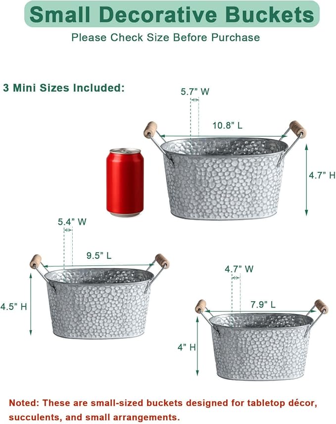 Galvanized Metal Oval Planter Buckets with Handles – Set of 3 Rustic Farmhouse Flower Tubs with Drain Holes & Plugs, Vintage Small Pots for Herbs, Succulents, Wedding or Tabletop Decor (Stone style)