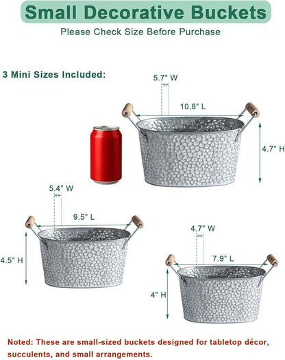 Galvanized Metal Oval Planter Buckets with Handles – Set of 3 Rustic Farmhouse Flower Tubs with Drain Holes & Plugs, Vintage Small Pots for Herbs, Succulents, Wedding or Tabletop Decor (Stone style)