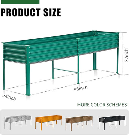 Land Guard Galvanized Raised Garden Bed with Legs, 96×24×32in Raised Garden Beds Outdoor with Drainage Holes, Planter Boxes Outdoor for Backyard, Patio, Balcony, 1200lb Capacity, Green