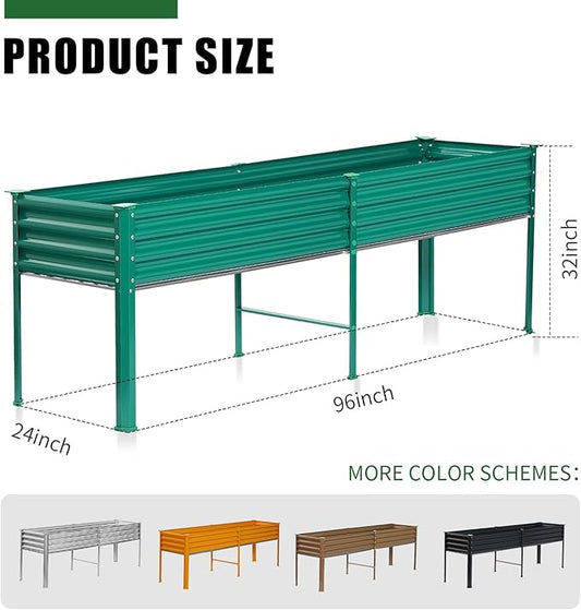Land Guard Galvanized Raised Garden Bed with Legs, 96×24×32in Raised Garden Beds Outdoor with Drainage Holes, Planter Boxes Outdoor for Backyard, Patio, Balcony, 1200lb Capacity, Green