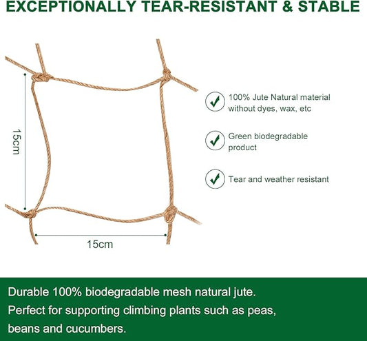 Jute Trellis Netting - Jute Netting for Garden, Heavy Duty Plant Support Netting for Climbing Plants, Cucumber, Vine, Fruits & Vegetables, Climbing Vining Plants (3.3 Ft X 16.4 Ft, 5.9 Inch Squares)