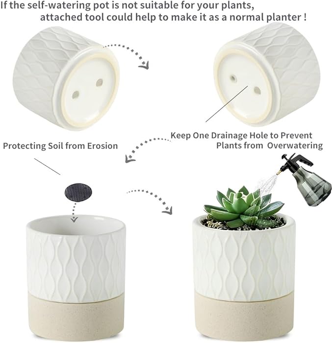 Nihow Self Watering Plant Pot: 4.5 Inch Ceramic Planter with Drainage Hole & Water Storage Plus for Indoor & Outdoor Plants - Cylinder Flower Pot for Herbs/Violets - Cream White & Brown Net