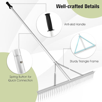 Goplus Landscape Rake 36 Inch, Aluminum Rake Head w/36 Tines and 68" Long Non-Slip Handle, Yard Rake Tool for Loosening & Leveling Soil, Beach Garden Lawn Care, Collecting Leaves