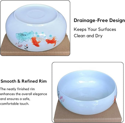 Lotus Bowl Planter, Ceramic Water Lily Bowl, Hydroponic Bonsai Lotus Bowls for Water Plants Indoor, Succulent Pots, Leak-Proof Design, Ode to Lotus and Fish Delight (7.68in*3.15in)