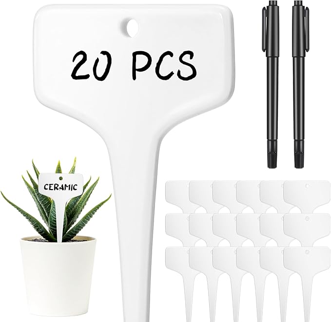 20 Pcs Ceramic Plant Labels 3.9 x 2.4 Inch Plant T Type Tags Waterproof Nursery Garden Marker Signs with Marker Pen for Outdoor Garden Flower Herb Pot
