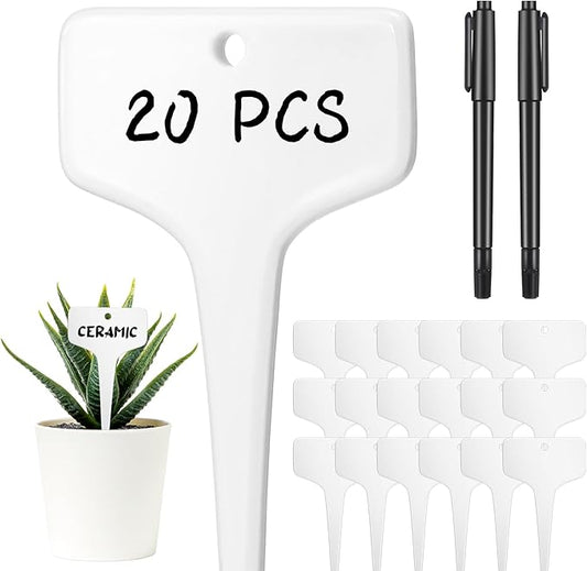 20 Pcs Ceramic Plant Labels 3.9 x 2.4 Inch Plant T Type Tags Waterproof Nursery Garden Marker Signs with Marker Pen for Outdoor Garden Flower Herb Pot