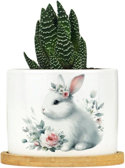 DreamAutumn Cute Easter Bunny Rabbit Ceramic Flower Pots,Gardening Plant Pot with Drainage Holes and Saucers Round Ceramic Pots for Indoor Plants Succulent Herbs Cactus Pots for Dad Papa Grandpa