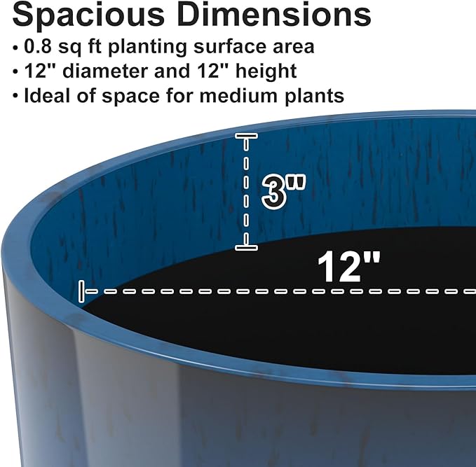 GameXcel Flower Pot Indoor - Outdoor Plant Pot - Navy Blue Glossy Planter - Elegant Ceramics Imitation - 12" Diameter 12" Tall with Drainage Holes and Saucer 2 Pack