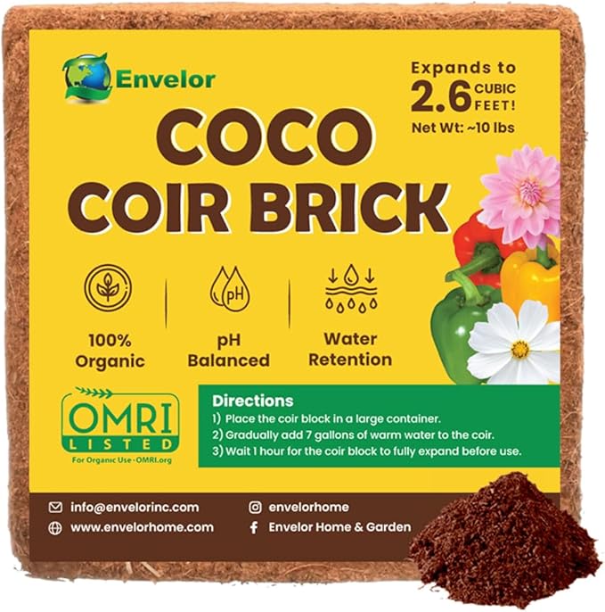 Envelor Organic Coco Coir Brick 10 Lbs. Coir Block Coconut Fiber Growing Medium Potting Soil Mix Coco Peat Media Coir Pith Indoor Outdoor Planters Vegetable Garden Beds