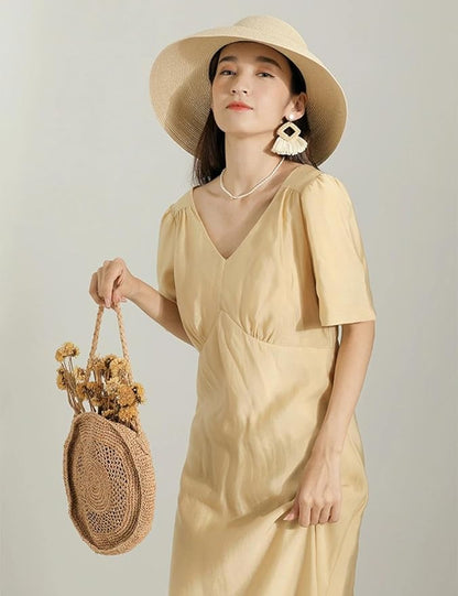 Wide-Brim Classic Elegant Style Foldable Straw Hat Women's Retro UV Resistant Sun Hats for Outdoor, Beach and Travel