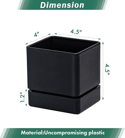 D'vine Dev 4 Inch Herb Planter Pot, Plastic Planter with Drainage Holes and Saucer, Modern Decorative Gardening Pot for Indoor Plants, Flowers, Herbs, Succulents, Black, Set of 6, 76-Y-B6-1