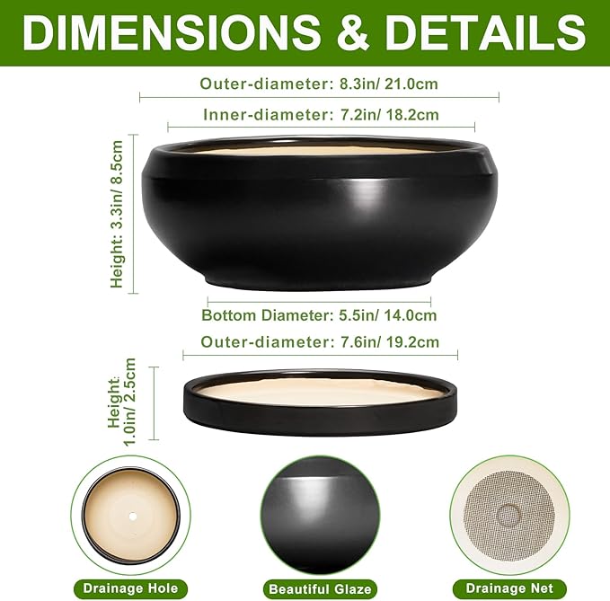 Succulent Planters 8 Inch - Ceramic Bonsai Pots for Indoor Outdoor, Round Succulent Pots with Drainage Hole and Saucer, Modern Shallow Planter Bowl, Garden Home Decor, Birthday Gifts, Black