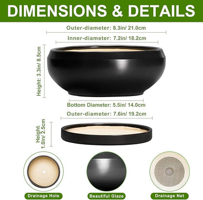 Succulent Planters 8 Inch - Ceramic Bonsai Pots for Indoor Outdoor, Round Succulent Pots with Drainage Hole and Saucer, Modern Shallow Planter Bowl, Garden Home Decor, Birthday Gifts, Black