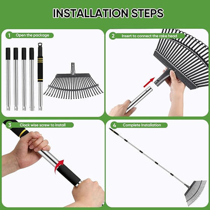 Rake Heavy Duty 6FT Long Garden Rake , 18.5 Inch Wide Leaf Rake for Lawns, 25 Metal Tines, Adjustable Stainless Steel Handle, Rakes for Leaves, Yards, Grass, Garbage, Weeds, Debris (Black)