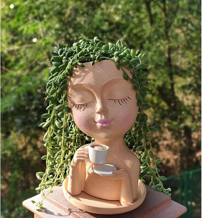 Face Planter Pots, Resin Face Planter for Indoor/Outdoor Plants,Head Planter with Drainage Hole/Removable Saucer,Girl Holding Coffe (Coffee, Skin)