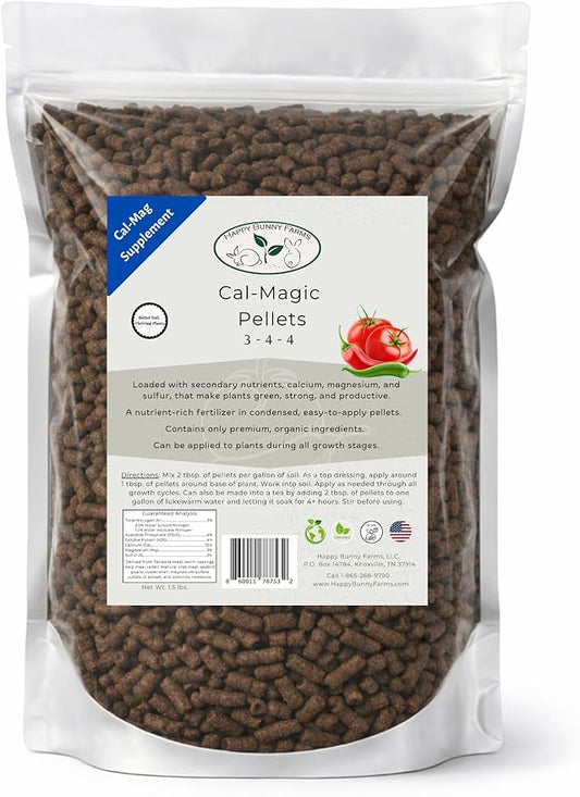 Cal-Magic Pellets, Calcium and Magnesium Supplement and Plant Fertilizer. Organic Easy-to-Apply Pellets, 1.5lb Bag. Kelp, Fish and Crab Meals with Rabbit Manure, Seabird Guano, and Oyster Shell.
