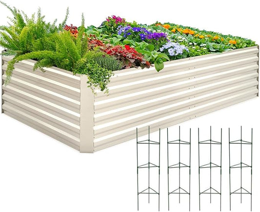 Quictent Galvanized Raised Garden Bed Metal Planter Box Bottomless for Backyard Outdoor, Include 1 pc Tomato Cage, Beige, 6x3x2 Ft