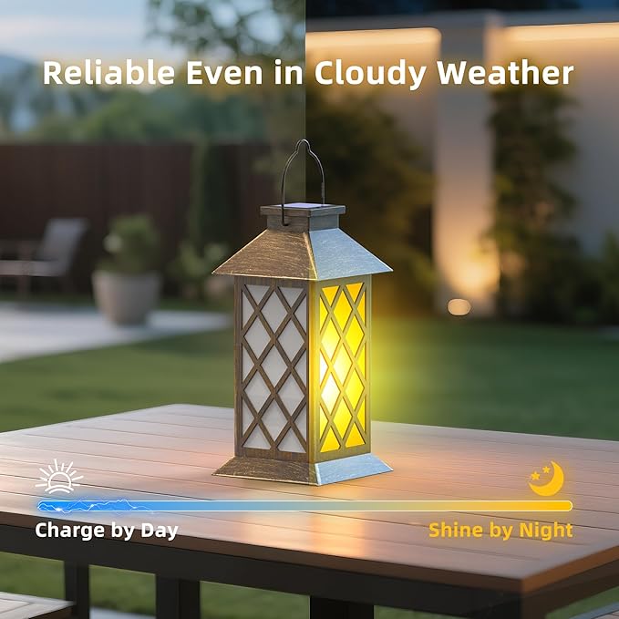 2 Pack 13" Solar Lanterns with Flickering Flame Candle, Outdoor Waterproof Hanging Lantern Lights Metal & Glass for Patio, Pathway, Garden Decorative, Gifts for Mom