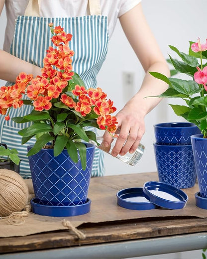 BUYMAX Ceramic Plant Pots –5 inch Indoor Flower Pot with Drainage Hole and Ceramic Tray - Gardening Home Desktop Office Windowsill Decoration Gift, Set of 4-Plants NOT Included(Blue)
