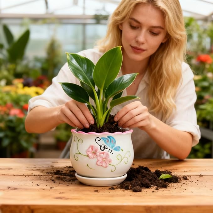 Vintage Flower Pots for Indoor Plant, Round Ceramic Plant Pots with Drainage Holes and Saucers, 6.7/5.2/3.9 Inches Retro Flower Planters Set of 3 (Vintage Butterfly)