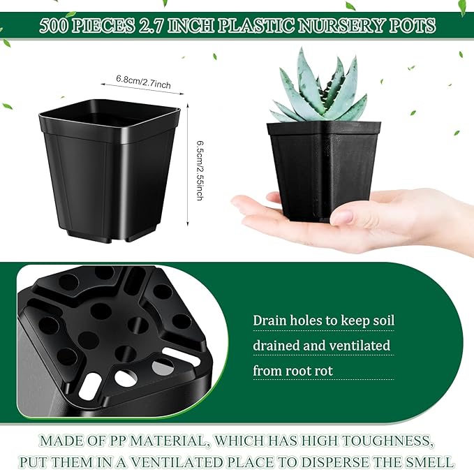 Yinder 500 Pcs 2.7 Inch Black Square Plastic Nursery Pots, Modern Plant Starter Pots, Drainage Hole, Ideal for Indoor Outdoor Flowers, Succulents, Herbs