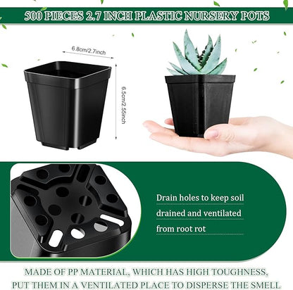 Yinder 500 Pcs 2.7 Inch Black Square Plastic Nursery Pots, Modern Plant Starter Pots, Drainage Hole, Ideal for Indoor Outdoor Flowers, Succulents, Herbs