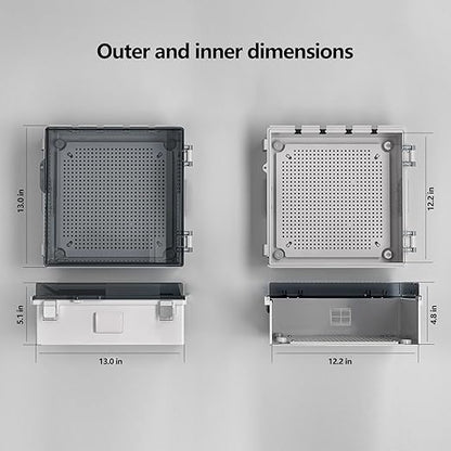 ABS Electrical Junction Box, Ventilated Design, Cable Grommets, IP65 Waterproof Enclosure, Indoor/Outdoor Use with Mounting Panel.. (Clear Cover, 13"x13"x5.1")