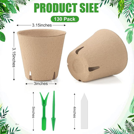 130 Pcs 3.15 Inch Peat Pots,Seed Starting Pots with Drainage Holes Round Plant Seedling Pot,Garden Germination Nursery Pot wit 30 Plant Labels, 2 Transplant Tools.