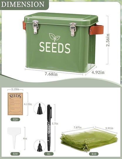 Seed Storage Organizer, Metal Seed Saving Box with Leather Handles and Safety Locks, Seed Packet Container with 10 Fruits Protection Bags, 30 Plant Labels, 20 Seed Envelopes, 1 Marker Pen