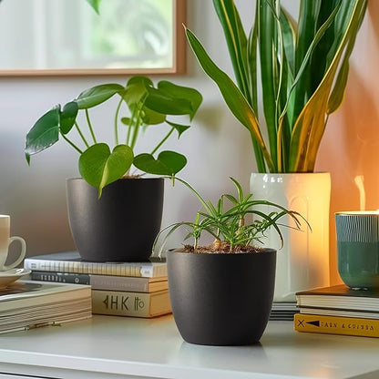 T4U 6 Inch Self Watering Planters Plastic Plant Pot, Modern Decorative Flower Pot/Window Box for All House Plants, Flowers, Herbs, African Violets, Succulents - Black, Set of 6