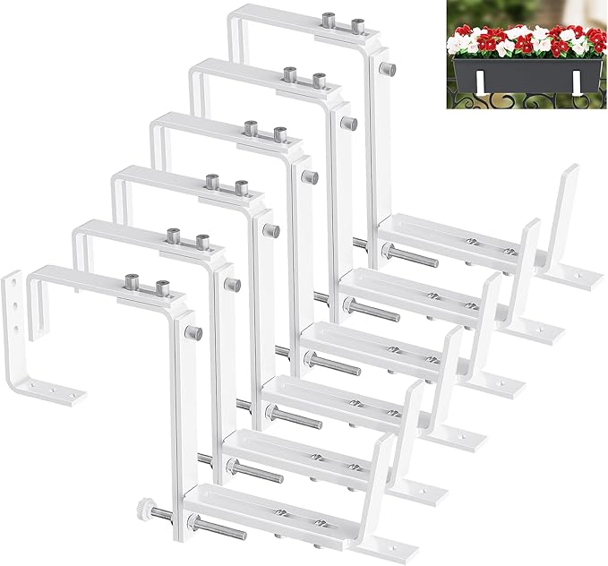 Y&M 6 Pcs Deck Railing Adjustable Planter Box Brackets (6 to 12.5 in), Universal Heavy Duty Iron Flower Box Brackets Wall Mounting Hooks for Fences, Patio, and Garden - White (Patent Registered)