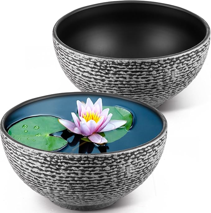 2 Pack Water Lily Planter Bowl, 15.6 Inch Large Lotus Flower Bowl Fit Hydroponic Succulent Planter Water Plant Container for Indoor Outdoor Garden Balcony Patio Fish Pond Bird Bath (Gray)