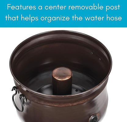 BIRDROCK HOME Water Hose Holder - Decorative Metal Pot, Indoor or Outdoor, Garden Storage Organizer, Patio Portable Bucket - Distressed Bronze, Holds up to 200ft Hoses, Large with Lid