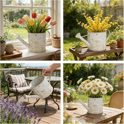 Vintage Metal Watering Can Planter with Embossed Floral - Distressed White Decorative Watering Pot for Indoor/Outdoor Flowers, Succulents & Herbs, Rustic Home Decor Accent