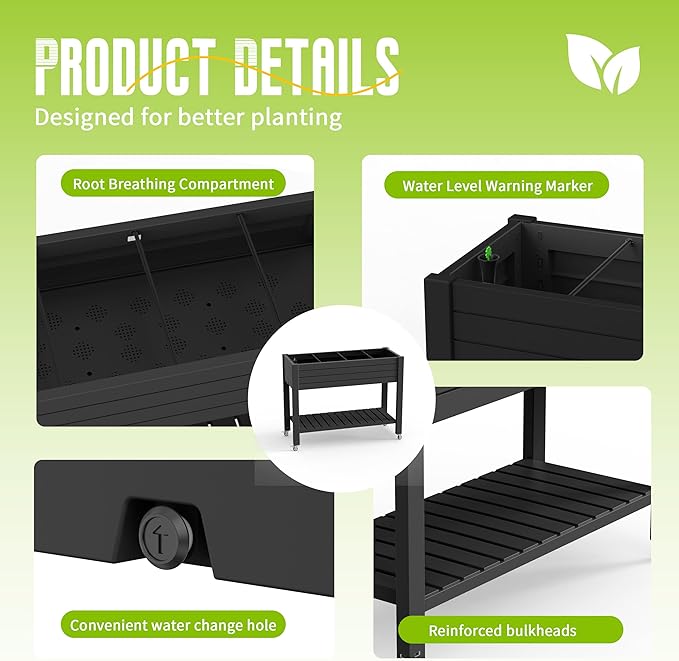 EasyUp 21 Gallon Raised Garden Bed with Legs and Wheels, Raised Planter Box with Drainage Plug and Gauge, Lower Shelf for Tools and Accessories, Dust-Proof Resin for Patio and Backyard(Black)