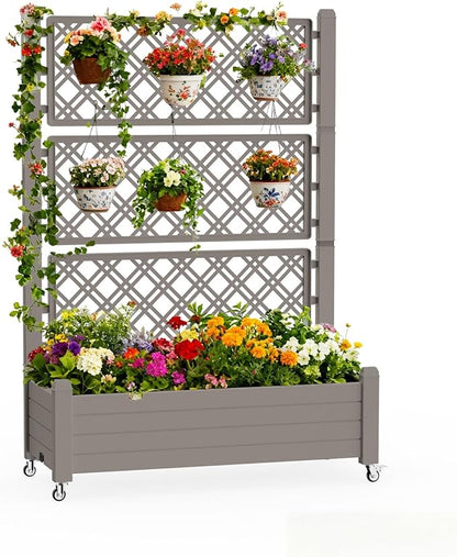 Mobile Garden Planter with Trellis & Lockable Wheels, Outdoor Raised Bed with Drainage & Water Gauge, Weather-Resistant Resin for Patio, Balcony, Yard, Dust-Resistant (Grey, 43.43*18.27*64.29)
