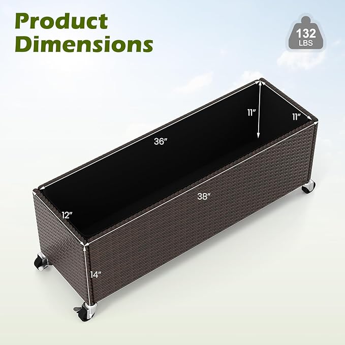 Giantex Set of 2 Wicker Raised Garden Bed with Wheels, 38”x12”x14”, Rectangular Garden Planter Box w/PE Rattan, Liner Fabric, Wicker Patio Elevated Raised Bed for Vegetable Flower Herb Porch Balcony