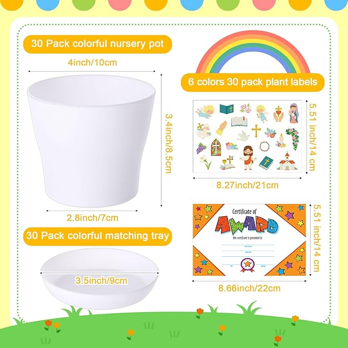 Domensi 30 Set Flower Pot Craft for Kids Bulk Spring Craft 4 Inch Garden Plastic DIY Plant Pot with Tray 30 Sheet Christian Sticker and 30 Certificates Card for Classroom School Mother's Day(White)