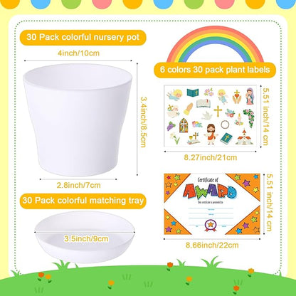 Domensi 30 Set Flower Pot Craft for Kids Bulk Spring Craft 4 Inch Garden Plastic DIY Plant Pot with Tray 30 Sheet Christian Sticker and 30 Certificates Card for Classroom School Mother's Day(White)