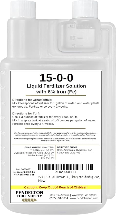 Pendelton Turf Supply Inc. 15-0-0-6 Fe All Purpose Liquid Iron Fertilizer Solution for Darker, Greener Turf, Plants, and Shrubs (32 oz.)