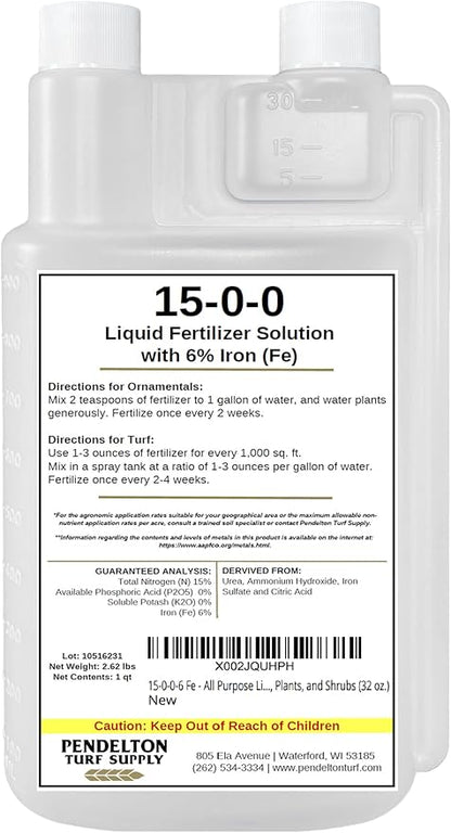 Pendelton Turf Supply Inc. 15-0-0-6 Fe All Purpose Liquid Iron Fertilizer Solution for Darker, Greener Turf, Plants, and Shrubs (32 oz.)