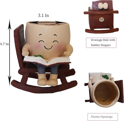 Cute Plant Pots Head Planters, Funny Rocking Chair Reading Book Planter Cactus Face Pot with Drainage Hole for Indoor Outdoor Plants, Unique Plant Lover Gifts
