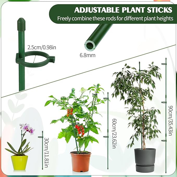 30 Pcs Adjustable Plant Sticks, 12 in Plant Support Sticks Plant Support Stakes with Orchid Clips Garden Ties Plant Support Cage for Potted Plants Indoor Orchid Flower Tomato, Green