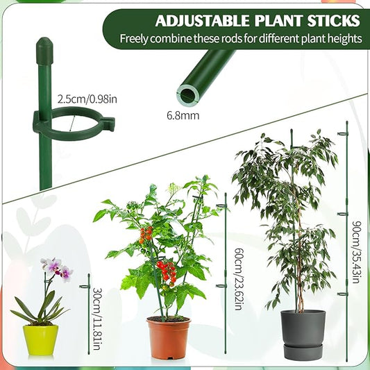 30 Pcs Adjustable Plant Sticks, 12 in Plant Support Sticks Plant Support Stakes with Orchid Clips Garden Ties Plant Support Cage for Potted Plants Indoor Orchid Flower Tomato, Green