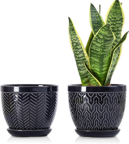 Sureasy 6.5 Inch Ceramic Plant Pots, Embossed Decorative Planters with Drainage Hole and Saucer, Modern Flower Pots for Indoor Plants, Set of 2, Black