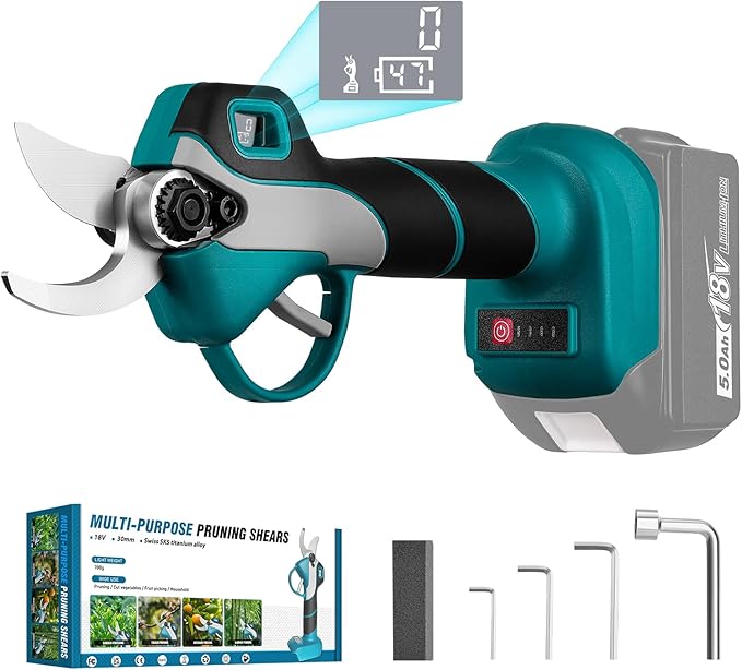 Cordless Electric Pruning Shears for Makita 18V Battery, Brushless Portable Pruner 1.2'' (30mm) Cutting Diameter w/LED Display, 4 Wrenches for Gardening Tree Branch (Battery NOT included)